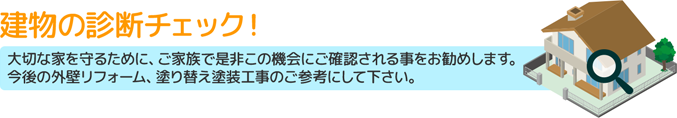 建物の診断チェック！ 大切な家を守るためにご家族で是非この機会にご確認されることをお勧めします。今後の外壁リフォーム、塗り替え塗装工事のご参考にして下さい。